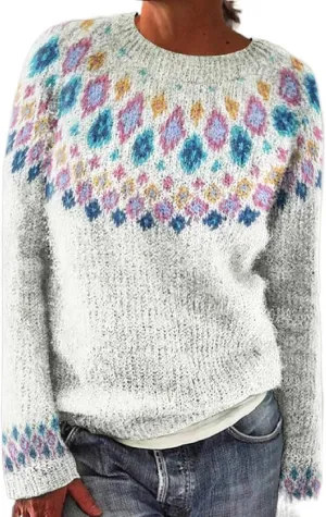 Fair Isle Pattern Sweater Women's Knitted Isle Print Retro Sweater Casual Loose Crewneck Long Sleeve Lightweight