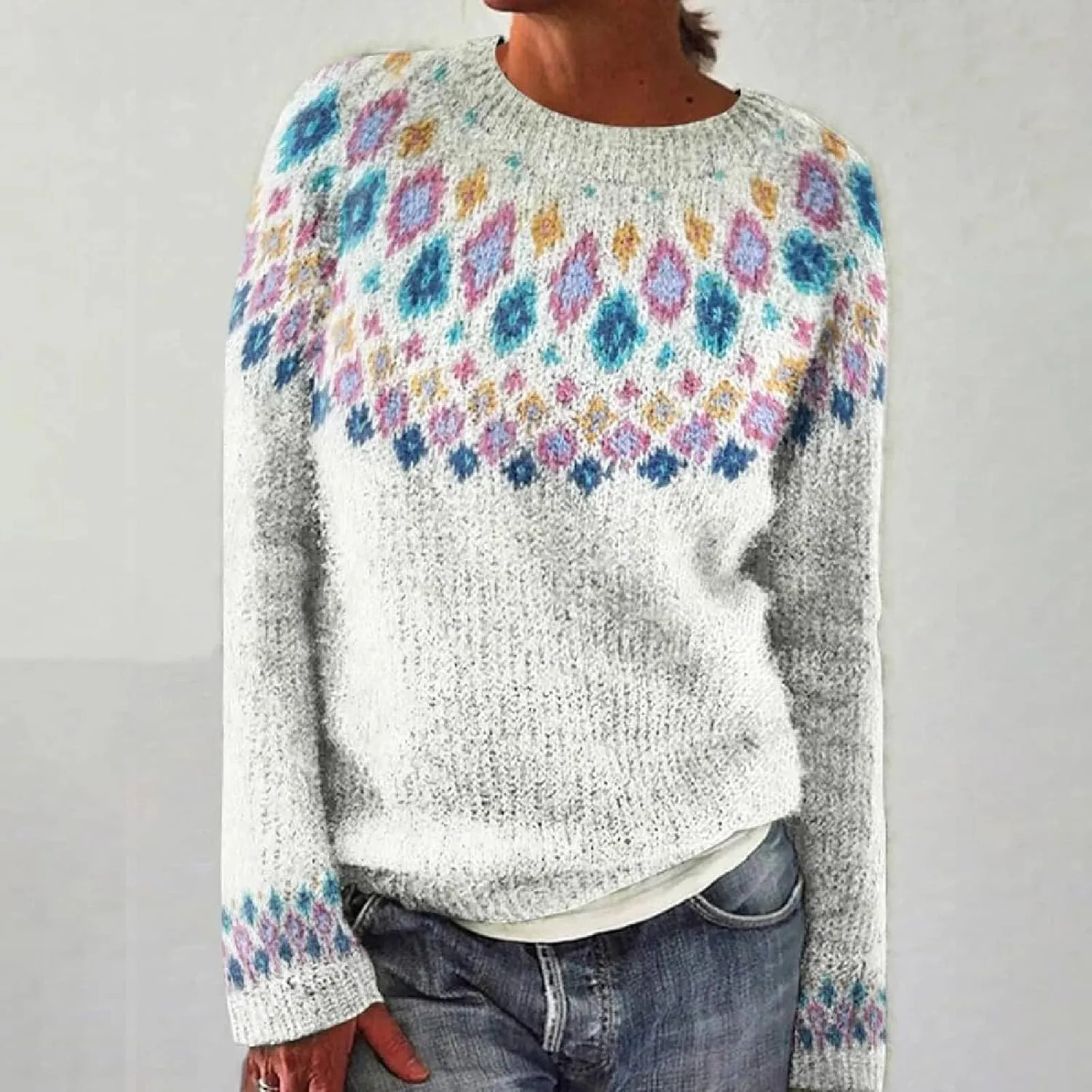 Fair Isle Pattern Sweater Women's Knitted Isle Print Retro Sweater Casual Loose Crewneck Long Sleeve Lightweight