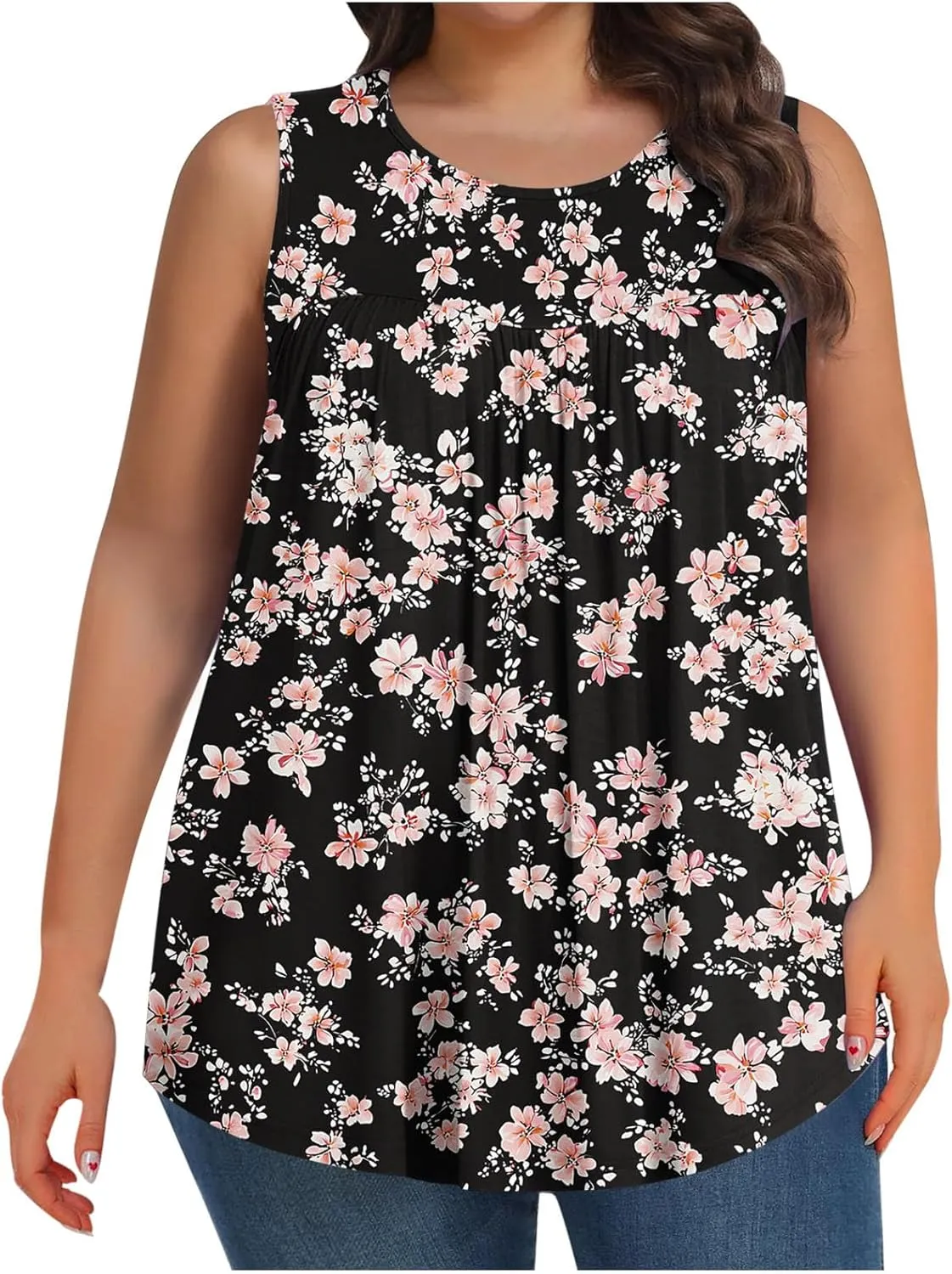 Fashion Floral Print Summer Plus Size Tank for Women, Oversized Loose Crewneck Sleeveless Shirts Pleated Comfy Clothes