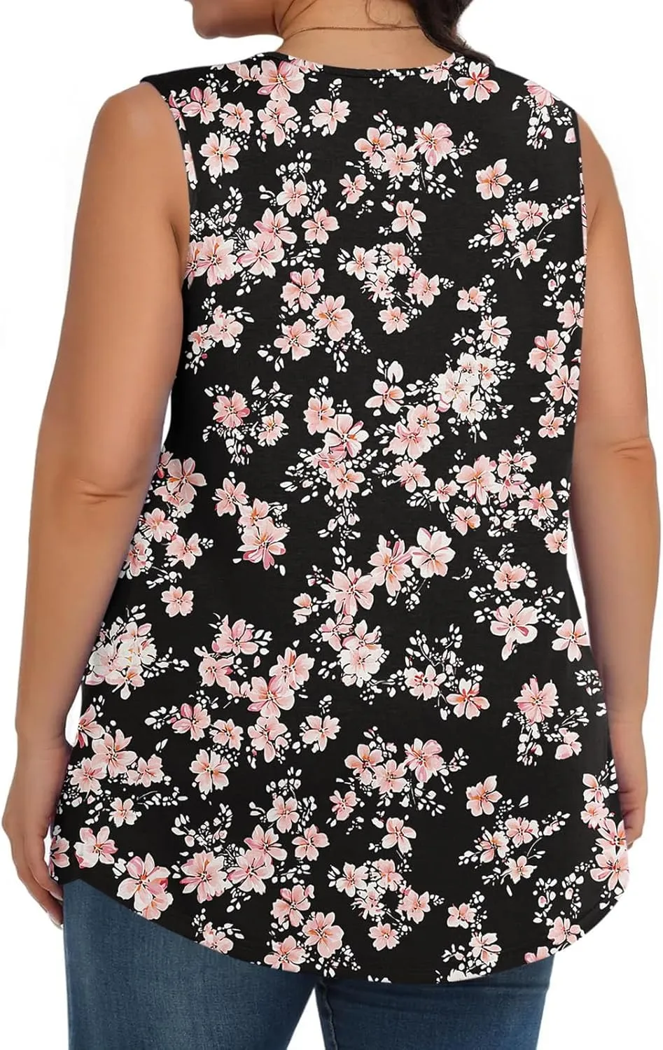 Fashion Floral Print Summer Plus Size Tank for Women, Oversized Loose Crewneck Sleeveless Shirts Pleated Comfy Clothes