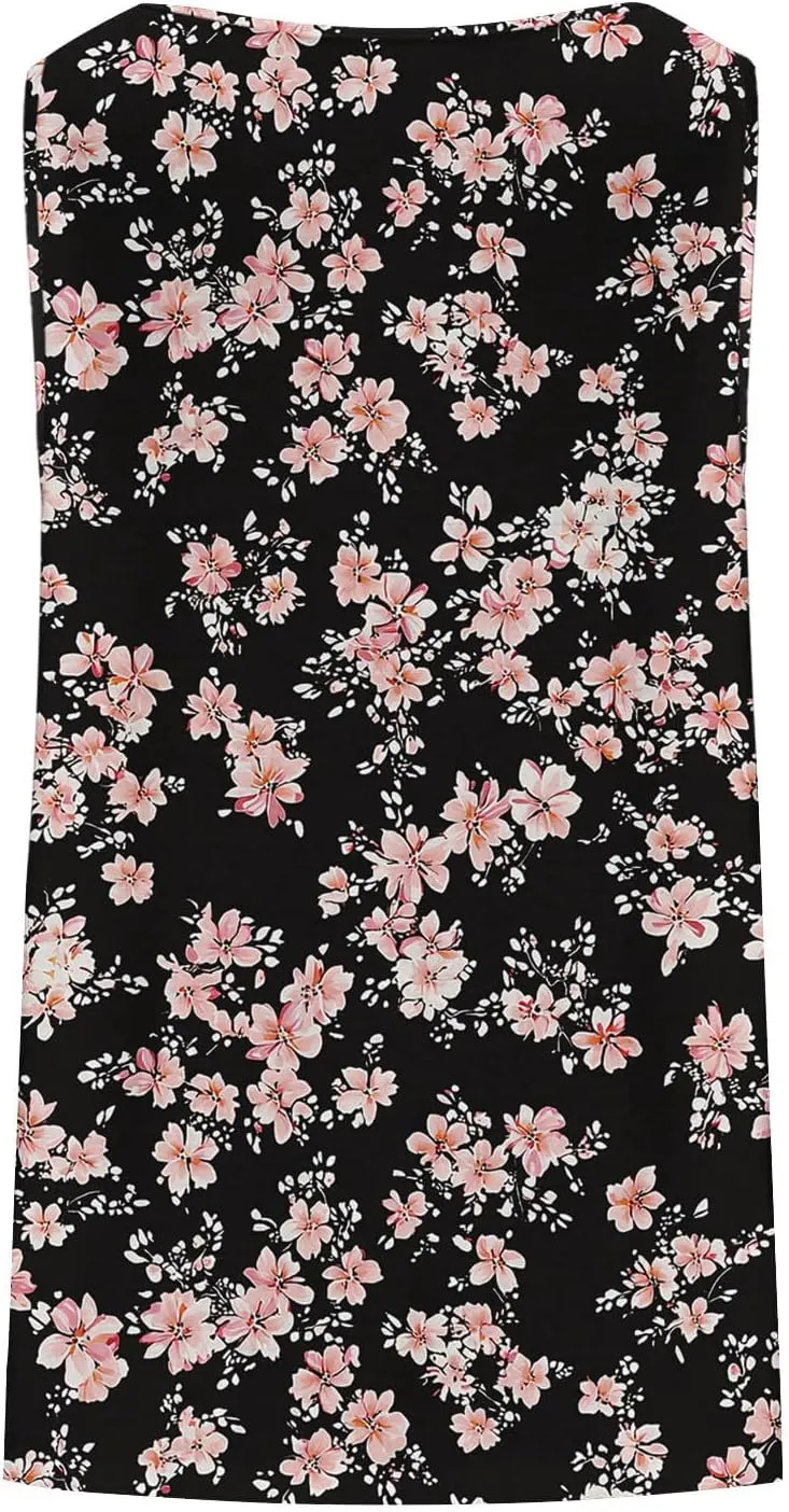 Fashion Floral Print Summer Plus Size Tank for Women, Oversized Loose Crewneck Sleeveless Shirts Pleated Comfy Clothes
