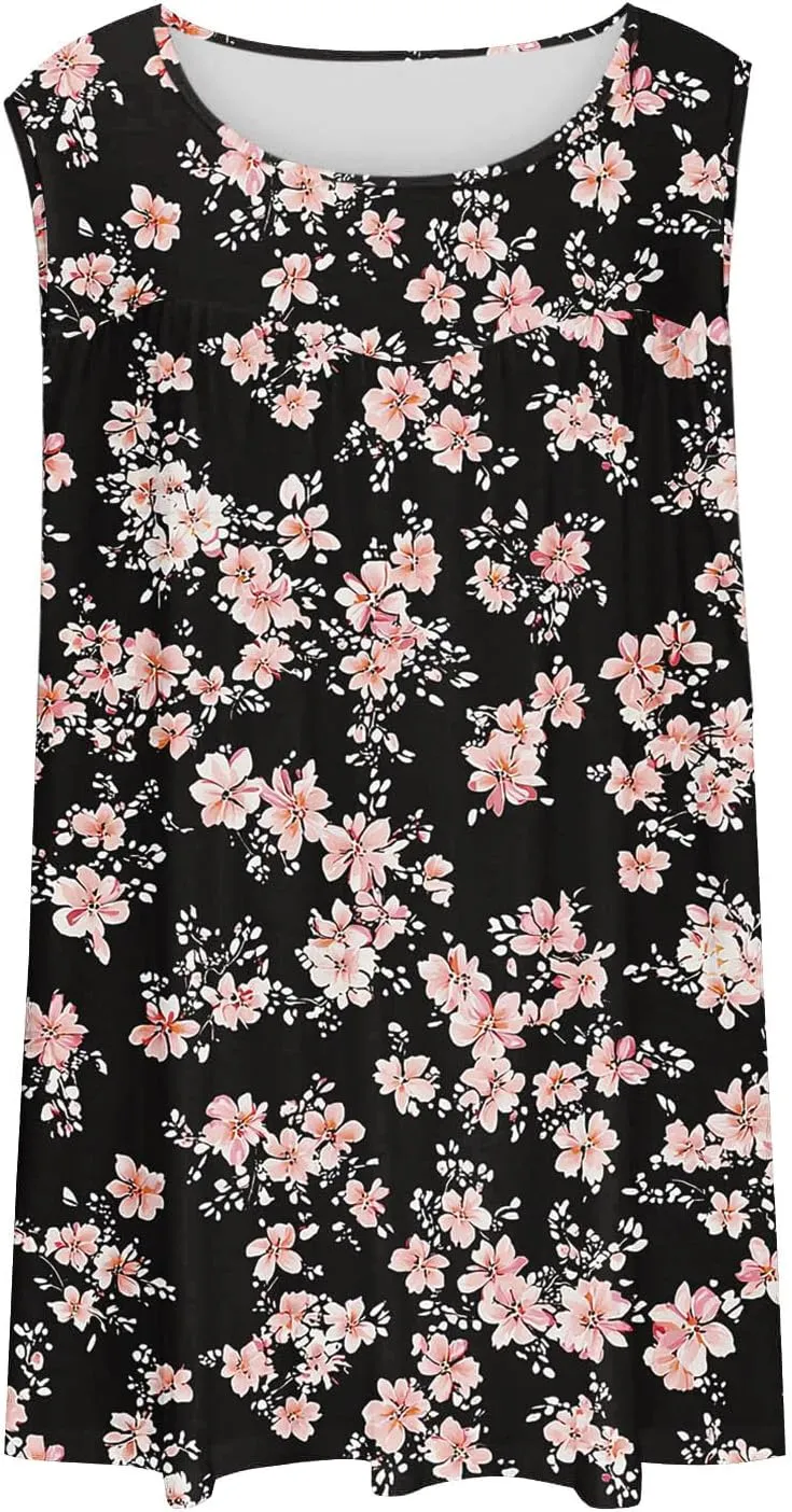 Fashion Floral Print Summer Plus Size Tank for Women, Oversized Loose Crewneck Sleeveless Shirts Pleated Comfy Clothes