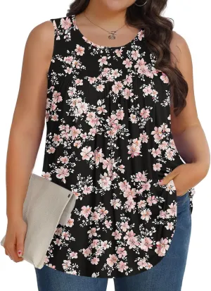 Fashion Floral Print Summer Plus Size Tank for Women, Oversized Loose Crewneck Sleeveless Shirts Pleated Comfy Clothes