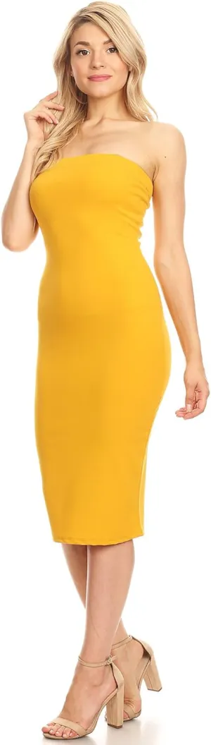 FashionJOA Women's Elastic Tube Top Strapless Basic Casual Solid Slim Bodycon Midi Dress
