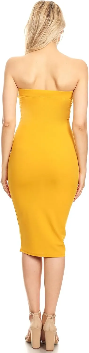 FashionJOA Women's Elastic Tube Top Strapless Basic Casual Solid Slim Bodycon Midi Dress