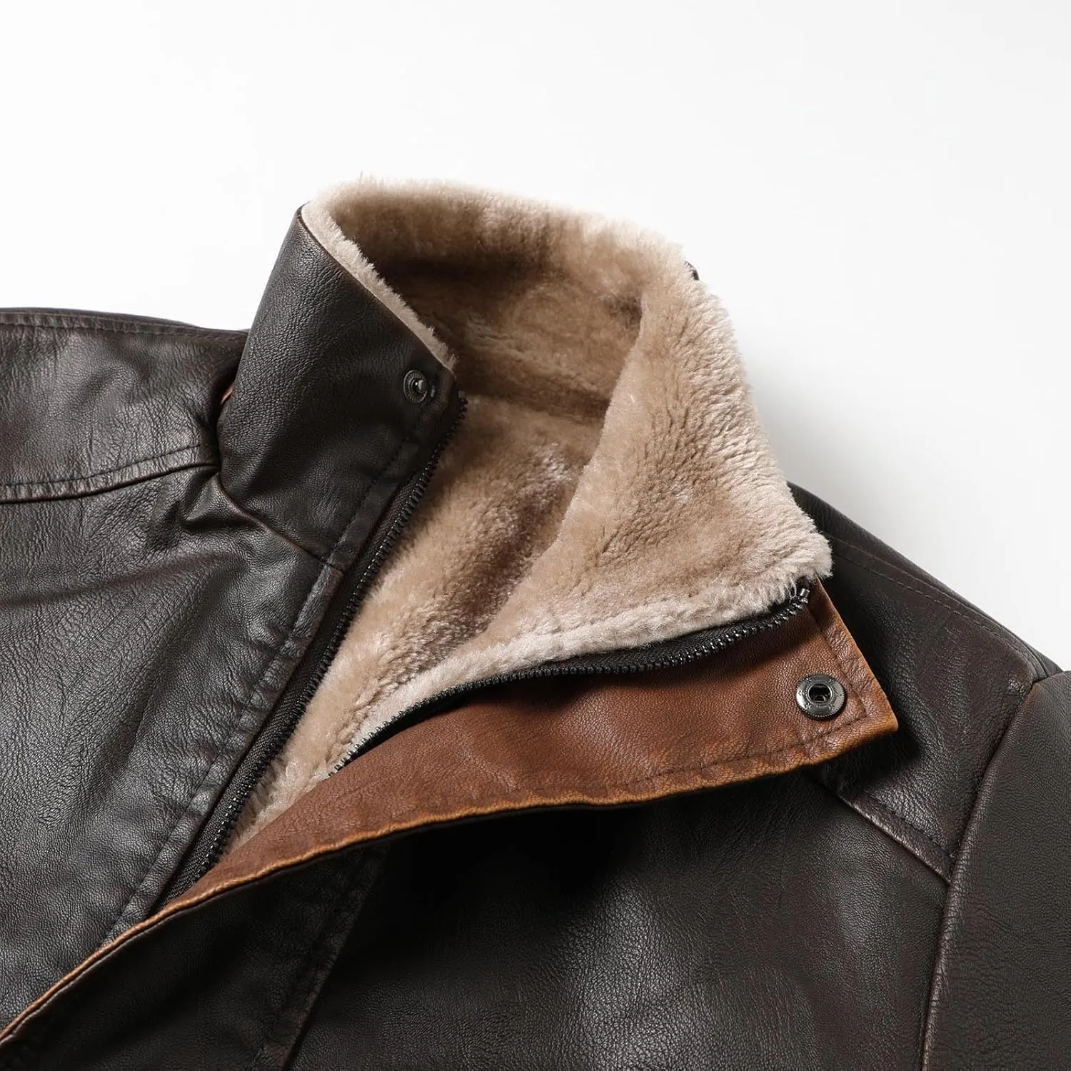 Faux Leather Motorcycle Jackets for Men Winter Coats Warm Fleece Lined Jacket Zipper Parka Outerwear Long Trench Coat
