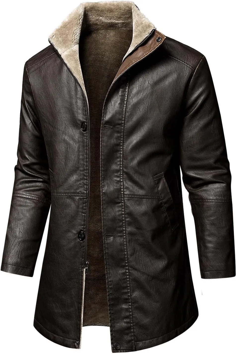 Faux Leather Motorcycle Jackets for Men Winter Coats Warm Fleece Lined Jacket Zipper Parka Outerwear Long Trench Coat