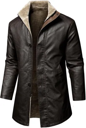 Faux Leather Motorcycle Jackets for Men Winter Coats Warm Fleece Lined Jacket Zipper Parka Outerwear Long Trench Coat