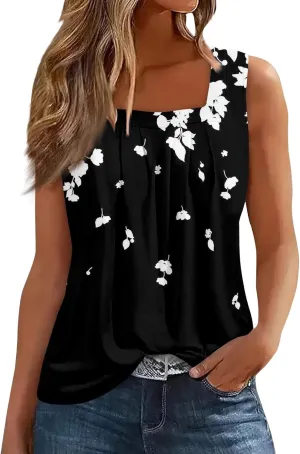FlekmanArt Tank Top for Women Color Block Square Collar Tank Top Striped Tank Tee Summer Casual Loose Fit Sleeveless Shirt