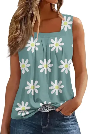 FlekmanArt Tank Top for Women Color Block Square Collar Tank Top Striped Tank Tee Summer Casual Loose Fit Sleeveless Shirt