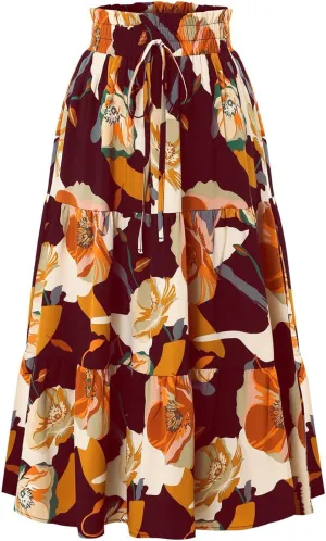 Floral Maxi Skirt for Women Casual Elegant Drawstring Waist Church A Line Skirts Flowy Long Wedding Guest Skorts