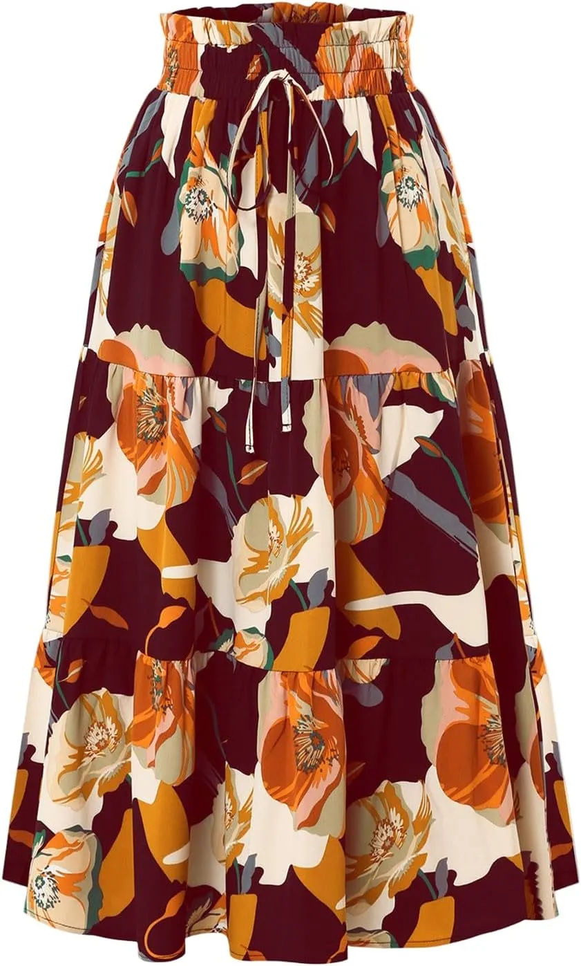 Floral Maxi Skirt for Women Casual Elegant Drawstring Waist Church A Line Skirts Flowy Long Wedding Guest Skorts