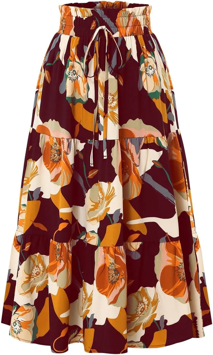 Floral Maxi Skirt for Women Casual Elegant Drawstring Waist Church A Line Skirts Flowy Long Wedding Guest Skorts