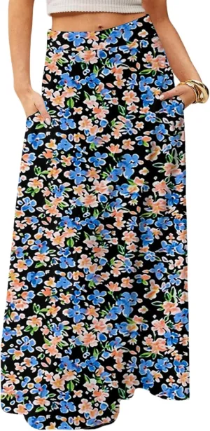 Floral Maxi Skirts for Women 2025 Summer Casual Flowy High Waisted Plus Size Long Boho Work Skirt with Pockets