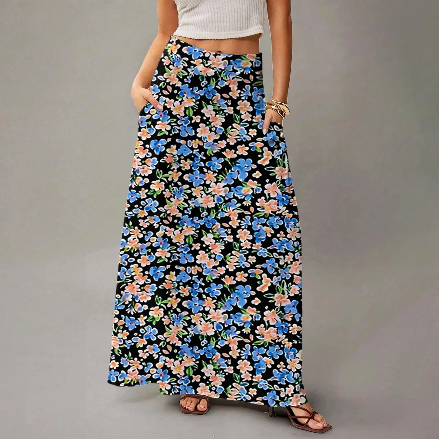Floral Maxi Skirts for Women 2025 Summer Casual Flowy High Waisted Plus Size Long Boho Work Skirt with Pockets
