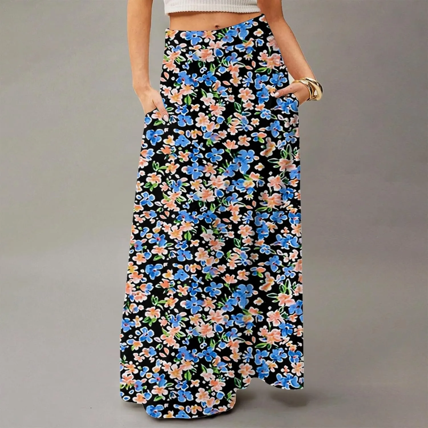 Floral Maxi Skirts for Women 2025 Summer Casual Flowy High Waisted Plus Size Long Boho Work Skirt with Pockets
