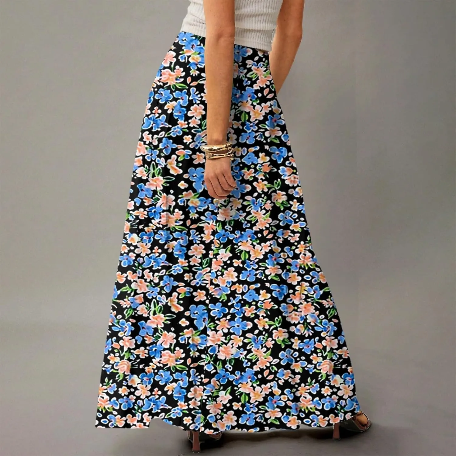 Floral Maxi Skirts for Women 2025 Summer Casual Flowy High Waisted Plus Size Long Boho Work Skirt with Pockets
