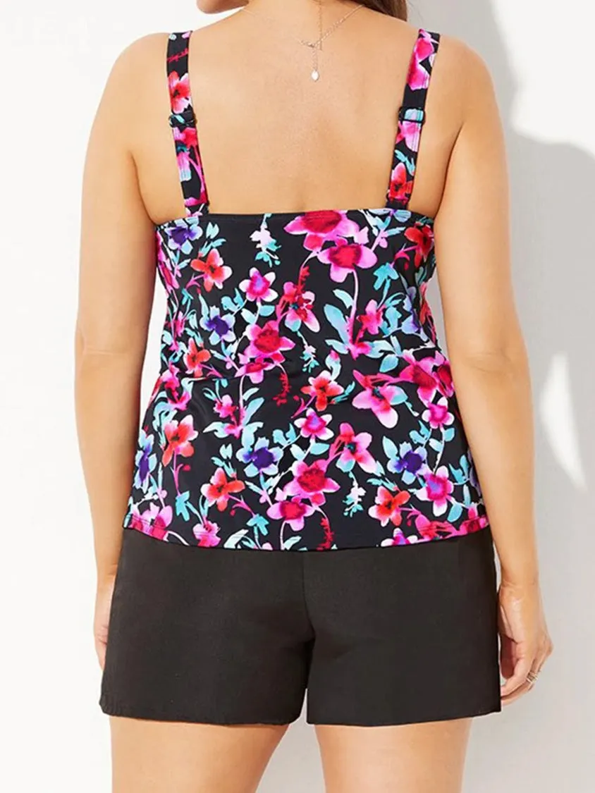 Floral Print Babydoll Top & Shorts Swim Tankini Set