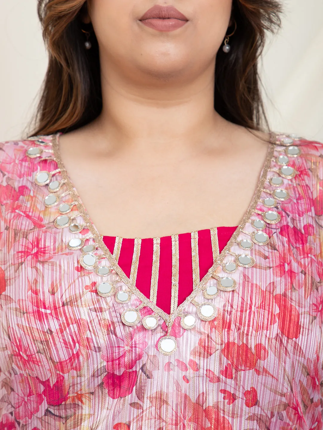 Floral Printed Kurti With Crop Top With Palazzo Women Plus Size Co-Ord Set