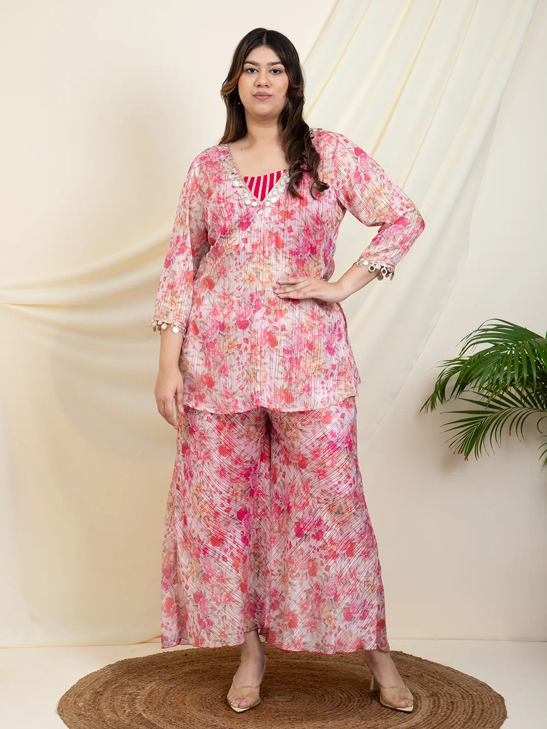 Floral Printed Kurti With Crop Top With Palazzo Women Plus Size Co-Ord Set
