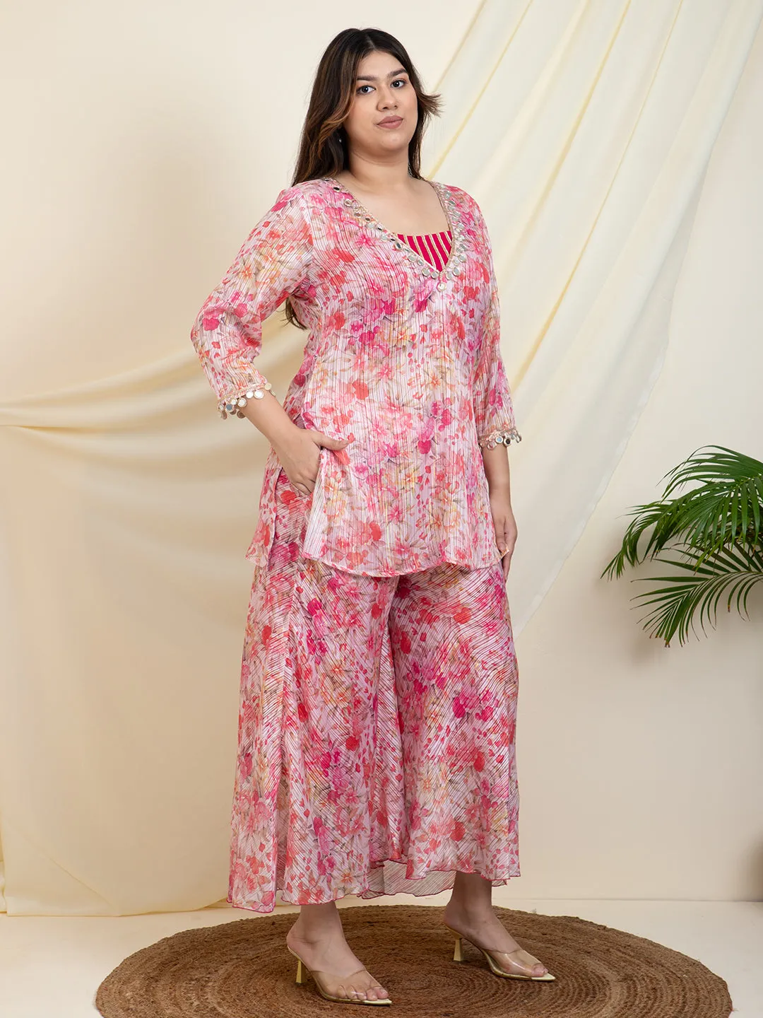 Floral Printed Kurti With Crop Top With Palazzo Women Plus Size Co-Ord Set