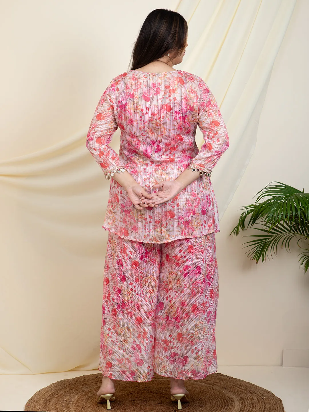 Floral Printed Kurti With Crop Top With Palazzo Women Plus Size Co-Ord Set