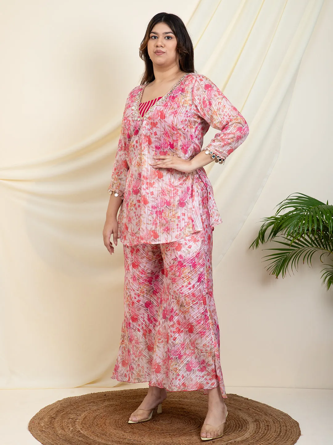 Floral Printed Kurti With Crop Top With Palazzo Women Plus Size Co-Ord Set