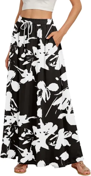 Flowy Maxi Skirts for Women Trendy Summer Casual Floral High Waisted Plus Size Long Boho Beach Skirt with Pockets