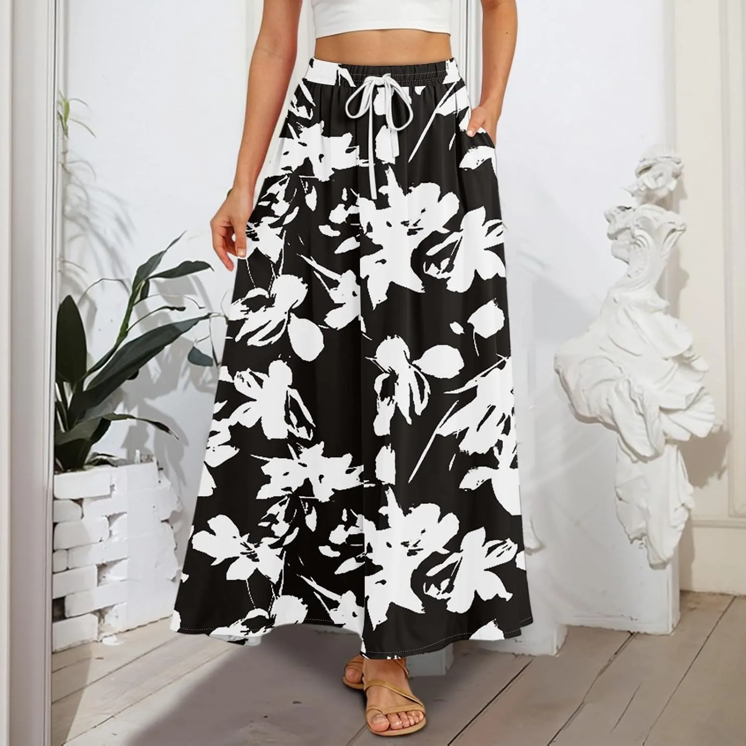 Flowy Maxi Skirts for Women Trendy Summer Casual Floral High Waisted Plus Size Long Boho Beach Skirt with Pockets
