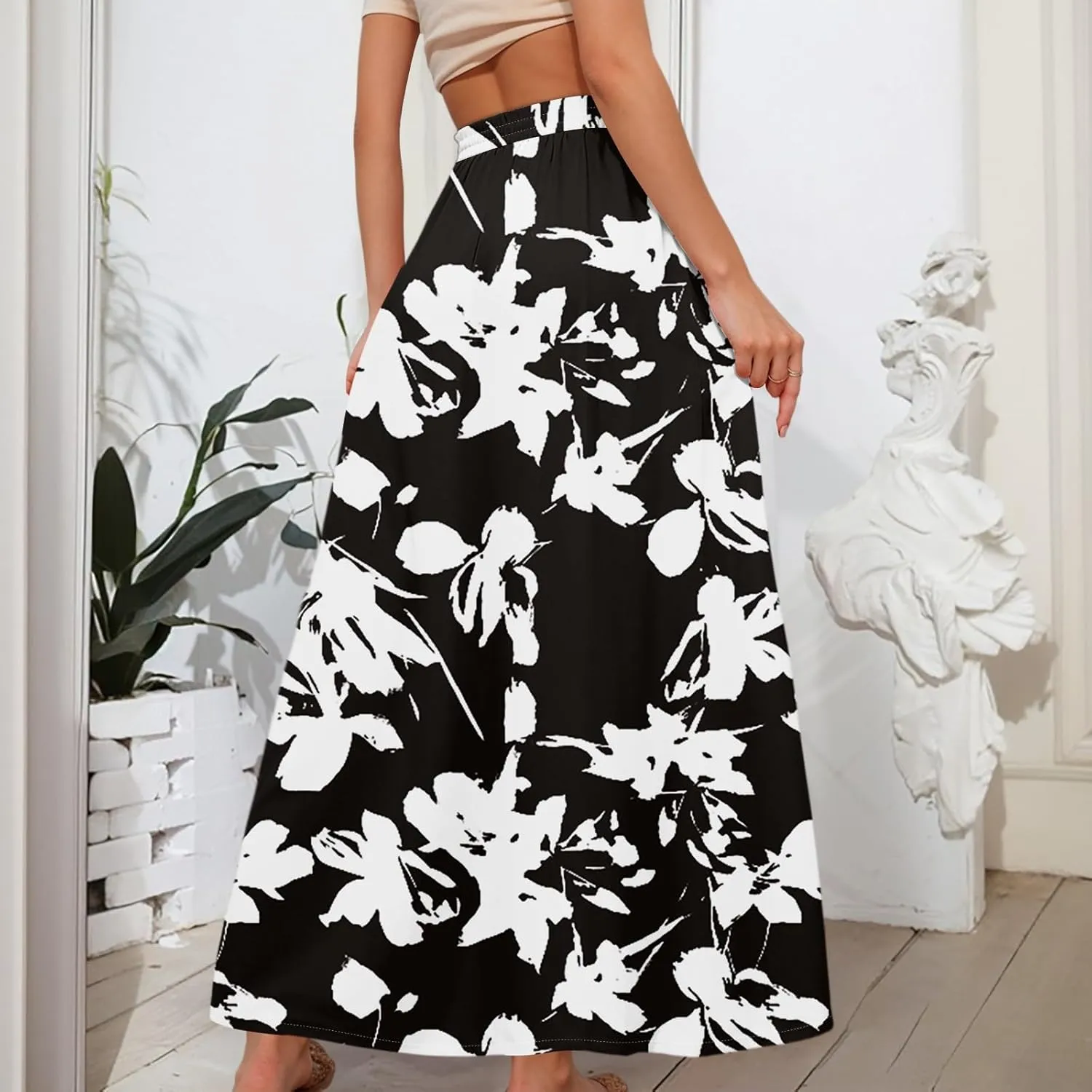 Flowy Maxi Skirts for Women Trendy Summer Casual Floral High Waisted Plus Size Long Boho Beach Skirt with Pockets