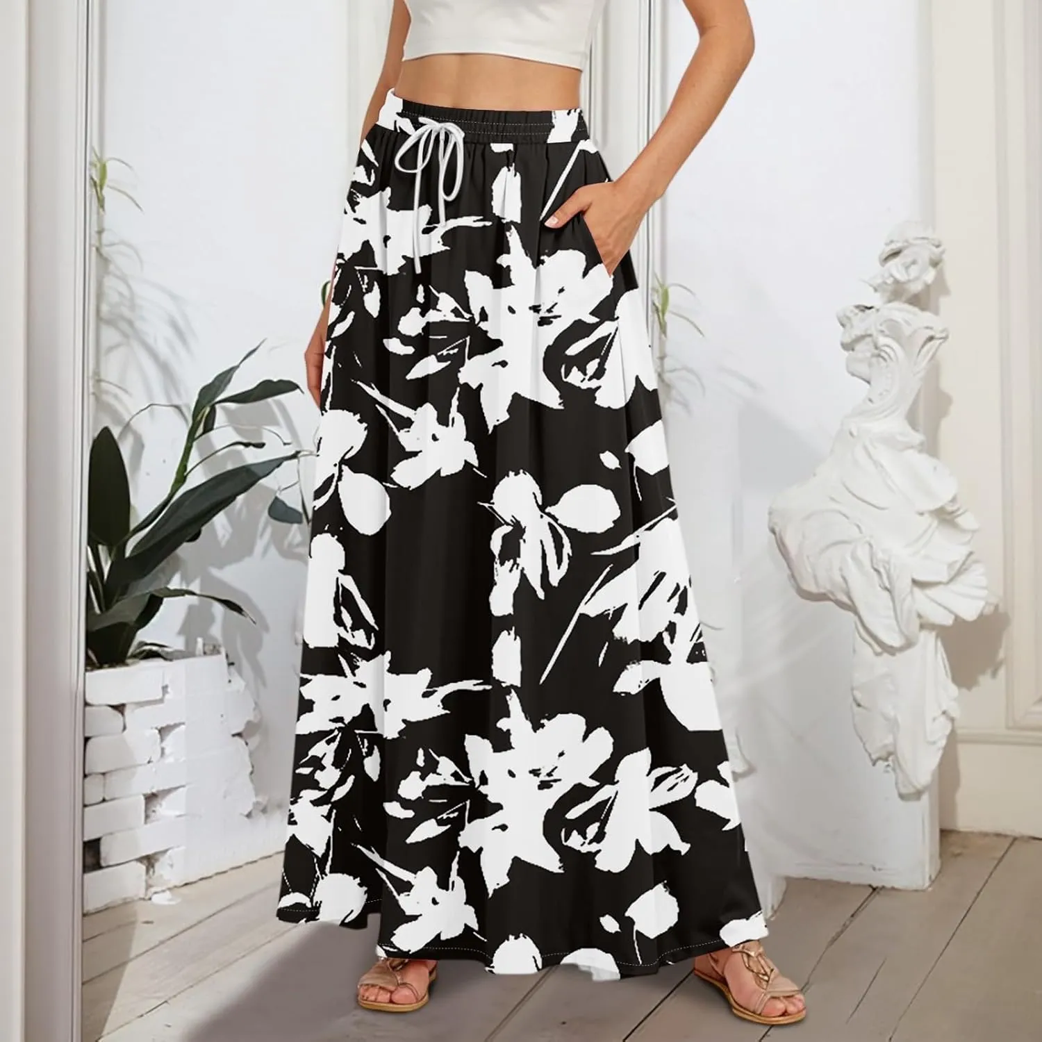Flowy Maxi Skirts for Women Trendy Summer Casual Floral High Waisted Plus Size Long Boho Beach Skirt with Pockets