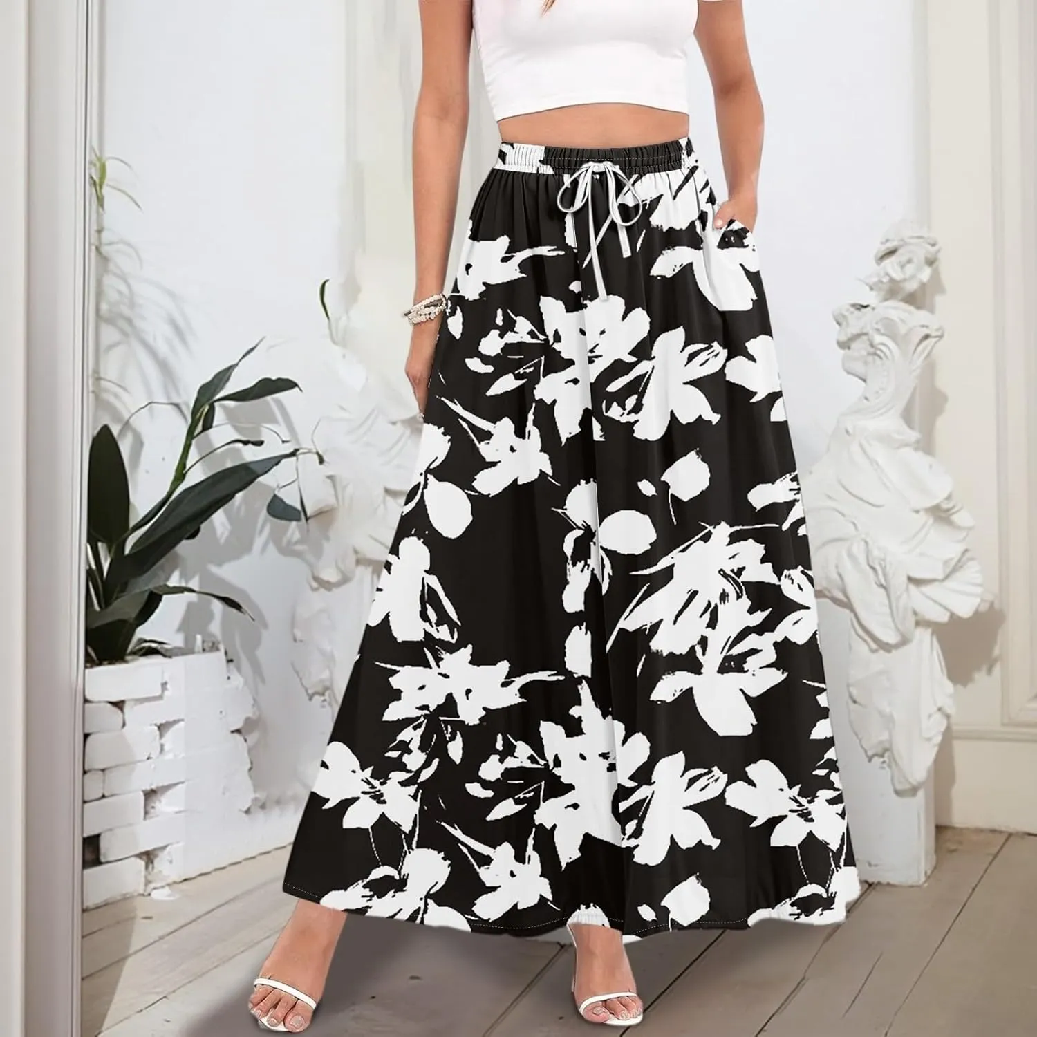 Flowy Maxi Skirts for Women Trendy Summer Casual Floral High Waisted Plus Size Long Boho Beach Skirt with Pockets