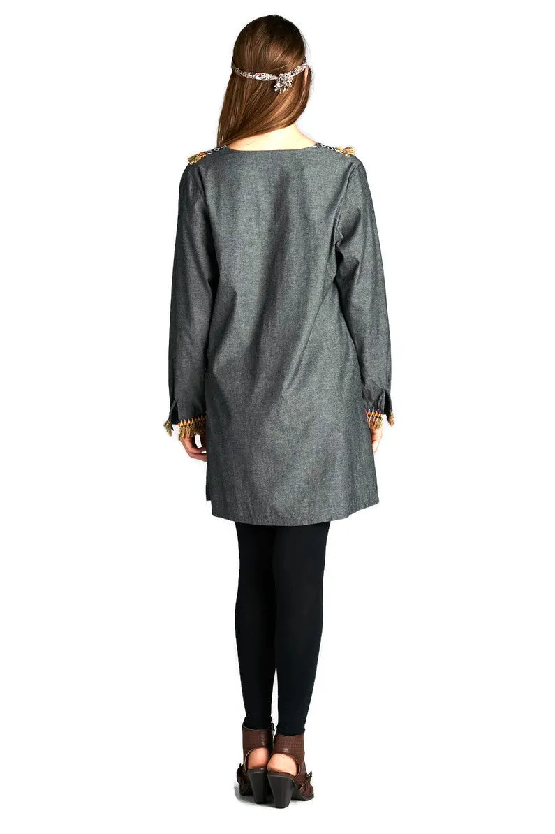 Fringe & Geometric Chambray Dress, Black