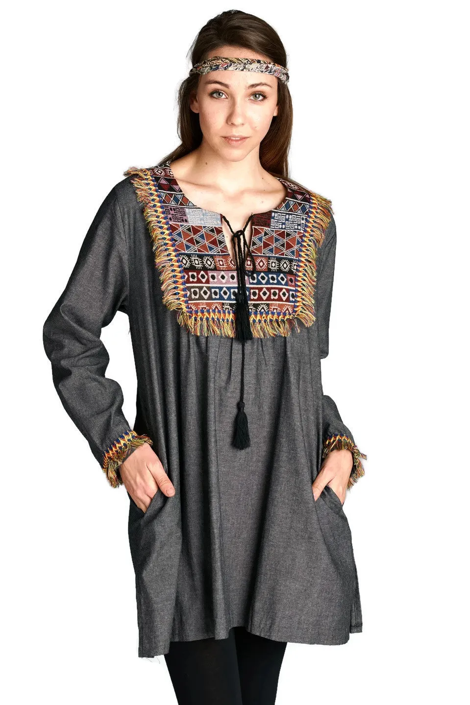 Fringe & Geometric Chambray Dress, Black