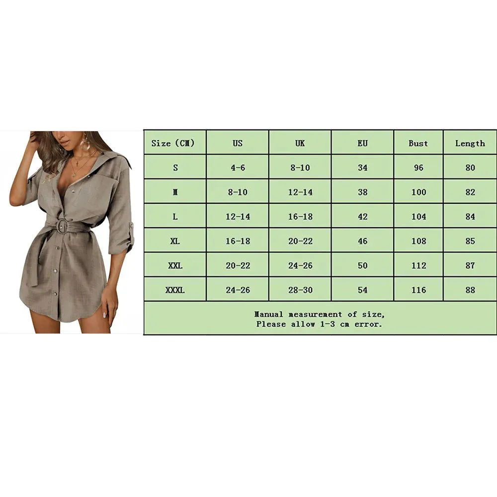 Front Button 3/4 Sleeve Deep V-neck Mini Shirt Dresses