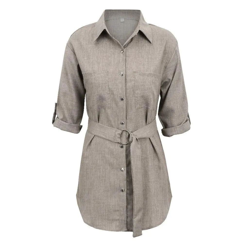 Front Button 3/4 Sleeve Deep V-neck Mini Shirt Dresses
