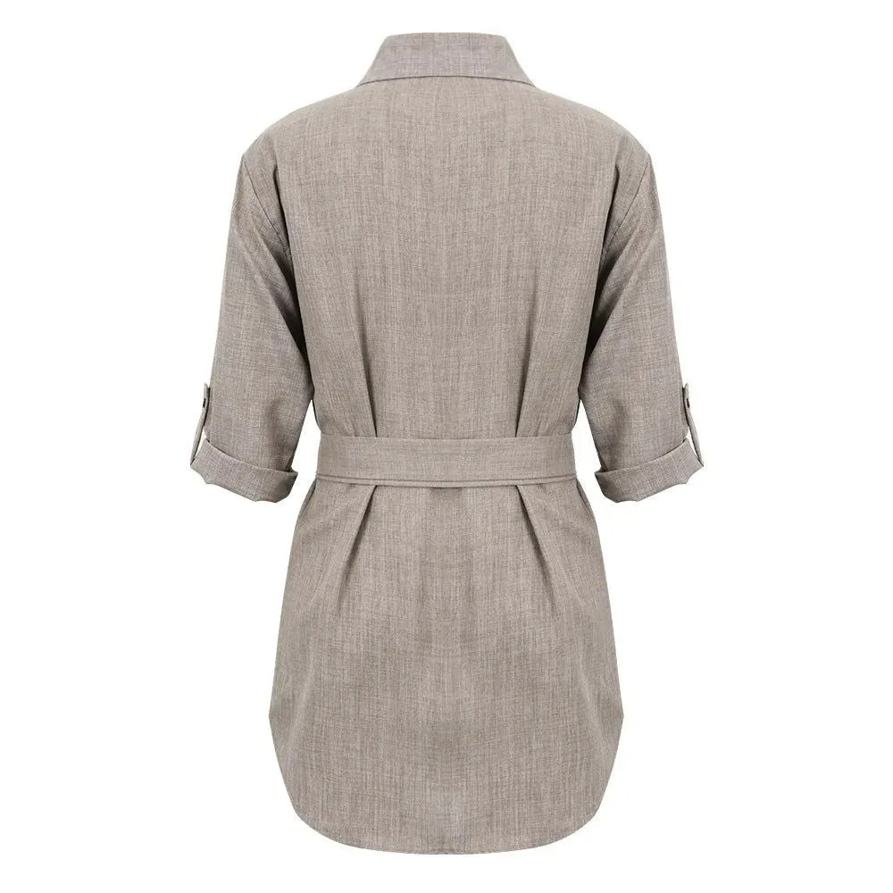Front Button 3/4 Sleeve Deep V-neck Mini Shirt Dresses