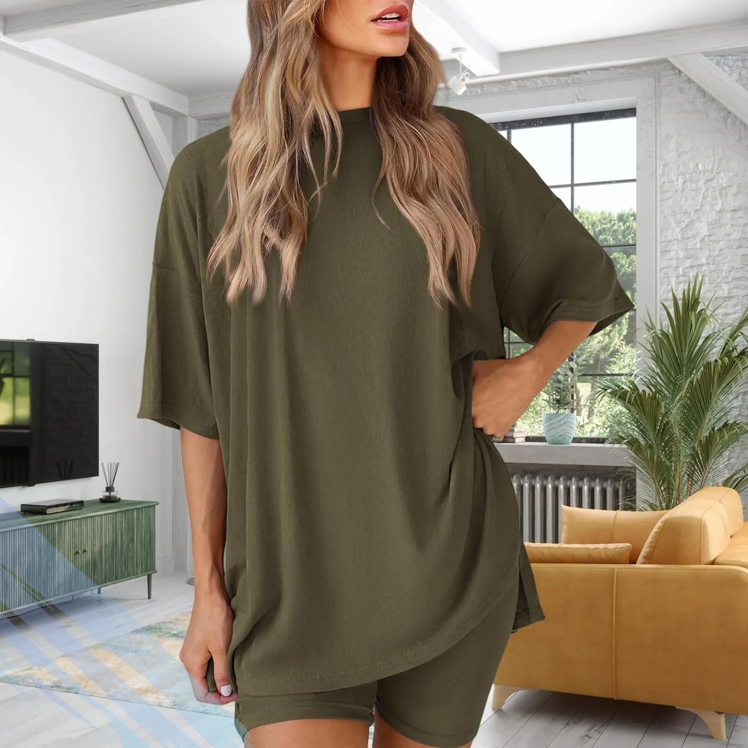 Frunqui Two Piece Set, Women's Two Piece Lounge Set 2025 Summer Casual Oversized Shirts Biker Shorts