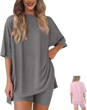 Frunqui Two Piece Set, Women's Two Piece Lounge Set 2025 Summer Casual Oversized Shirts Biker Shorts