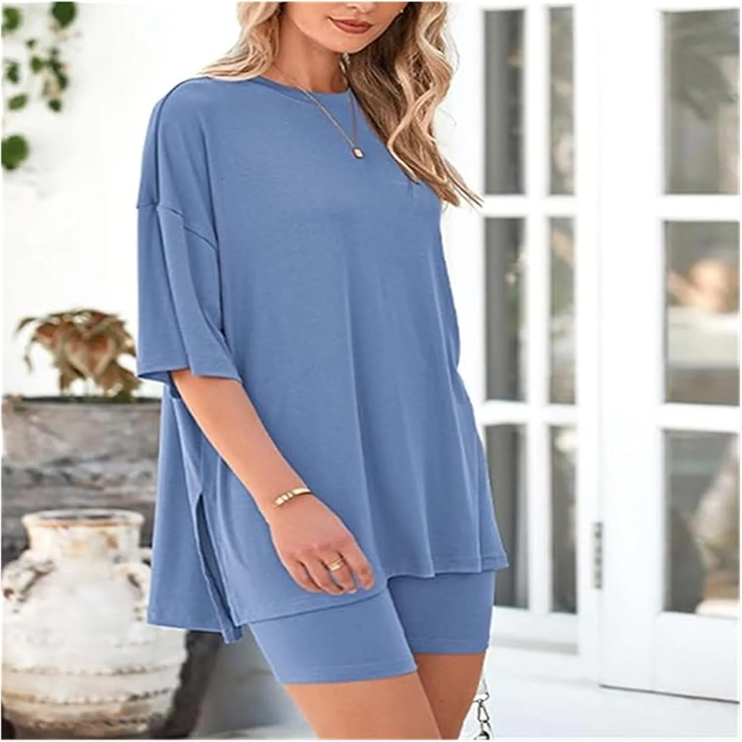 Frunqui Two Piece Set, Women's Two Piece Lounge Set, 2025 Summer Casual Oversized Shirts