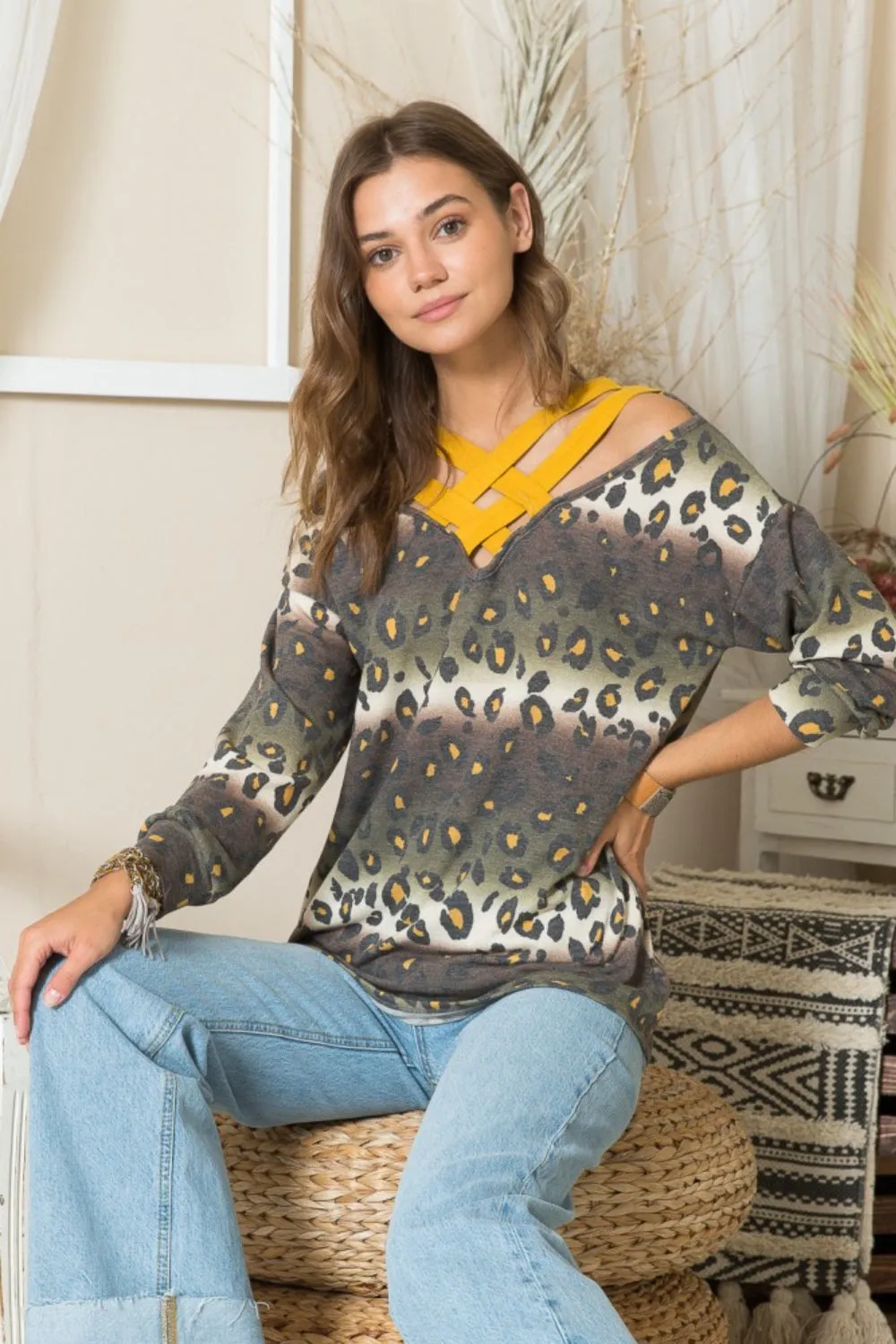 Full Size Leopard Long Sleeve T-Shirt with Braided Strap