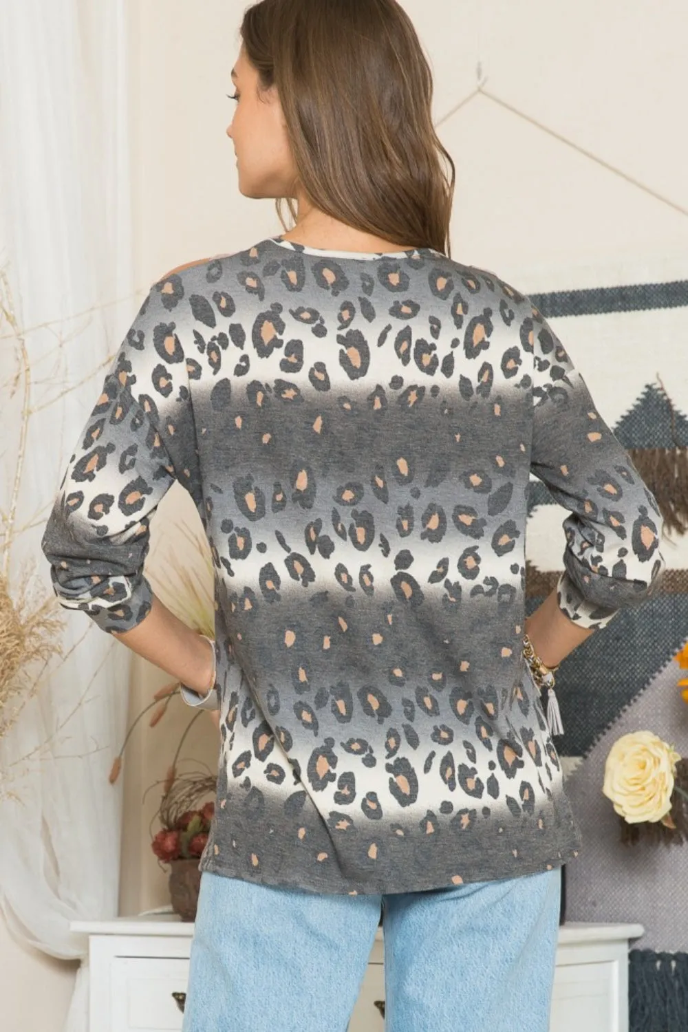 Full Size Leopard Long Sleeve T-Shirt with Braided Strap