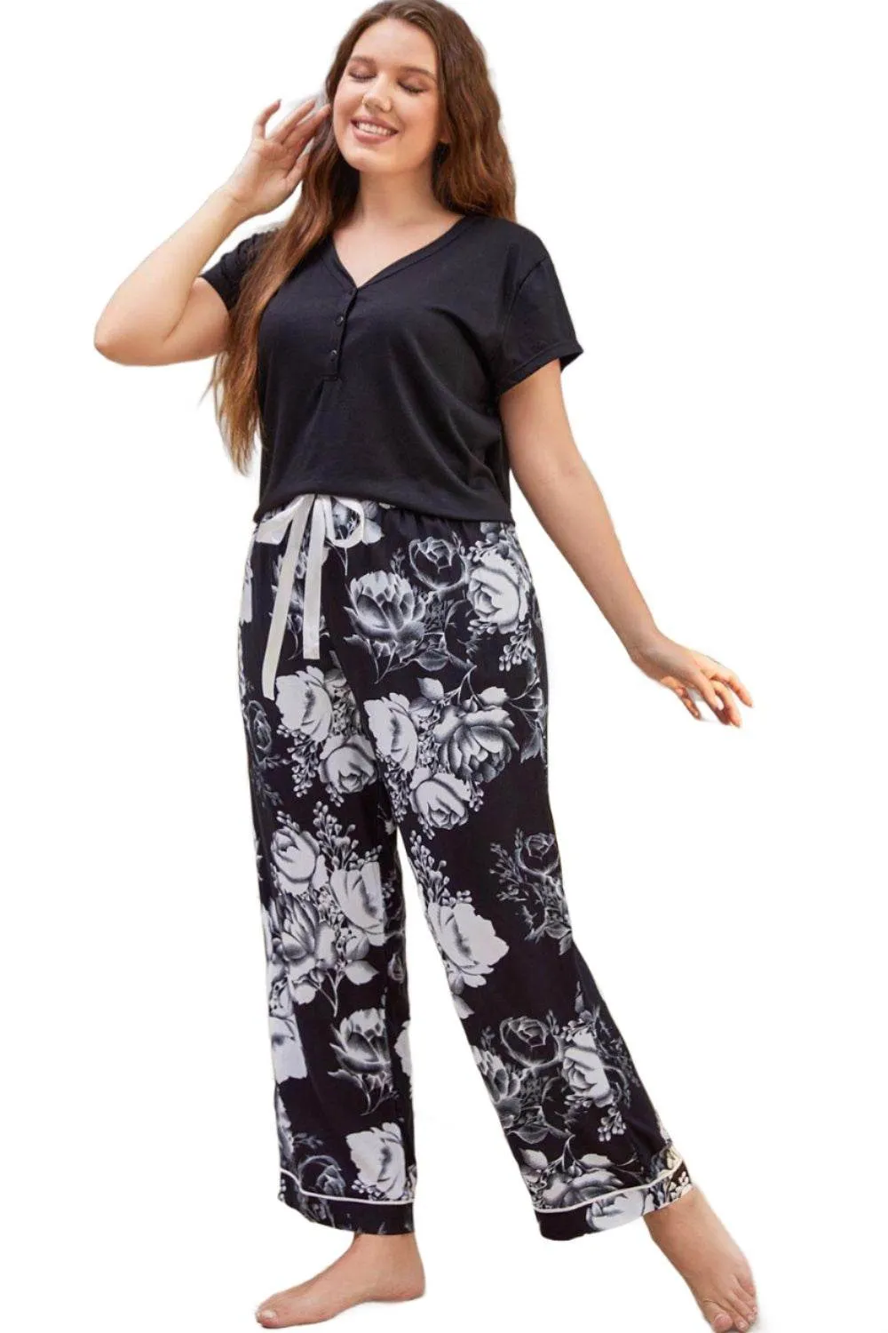 Full Size V-Neck Top And Floral Pants Lounge Set