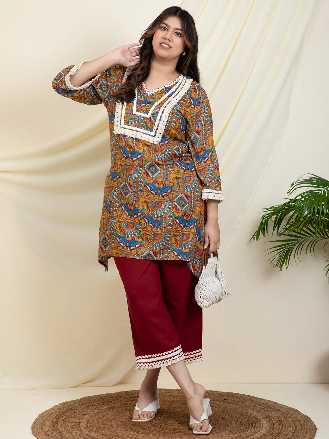 Geometrical Printed Kurta With Palazzo Women Plus SIze Co-Ord Set