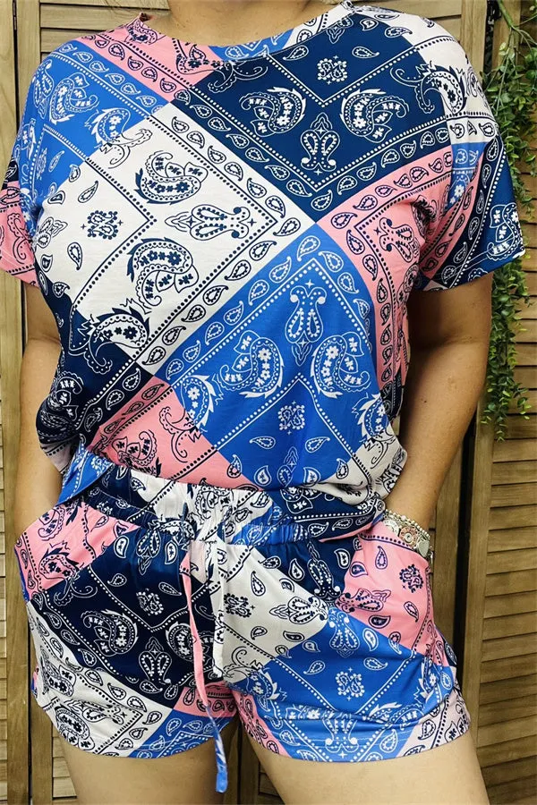 GJQ15391 Paisley multi color printed short sleeve top&shorts w/pockets women suits