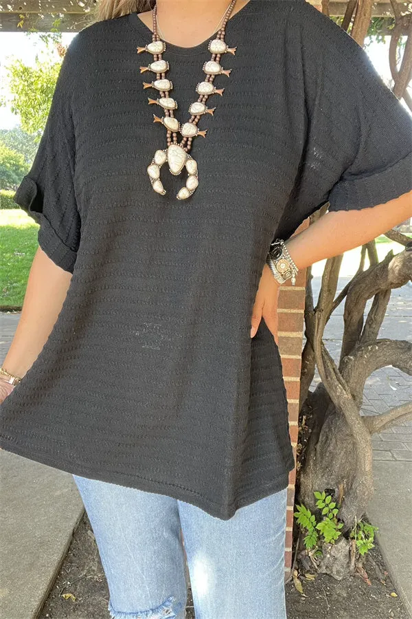 GJQ15716 Short sleeve/folded trim dots line black loose knitted soft fabric women black tops/blouse