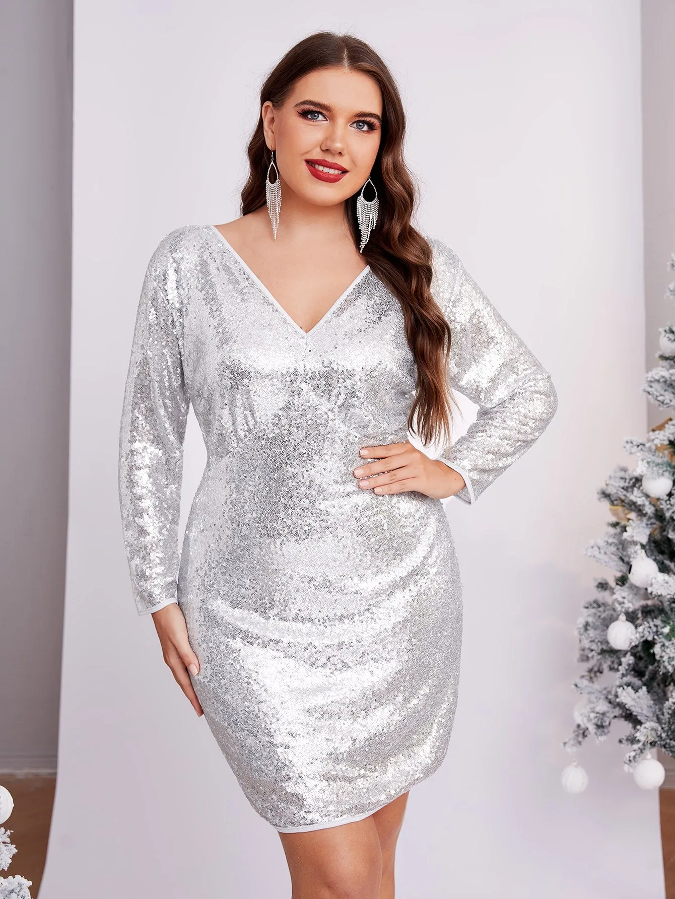 Glamorous Plain Contrast Sequin Long Sleeve V Neck Pencil High Waist Knee Length Plus Size Dress