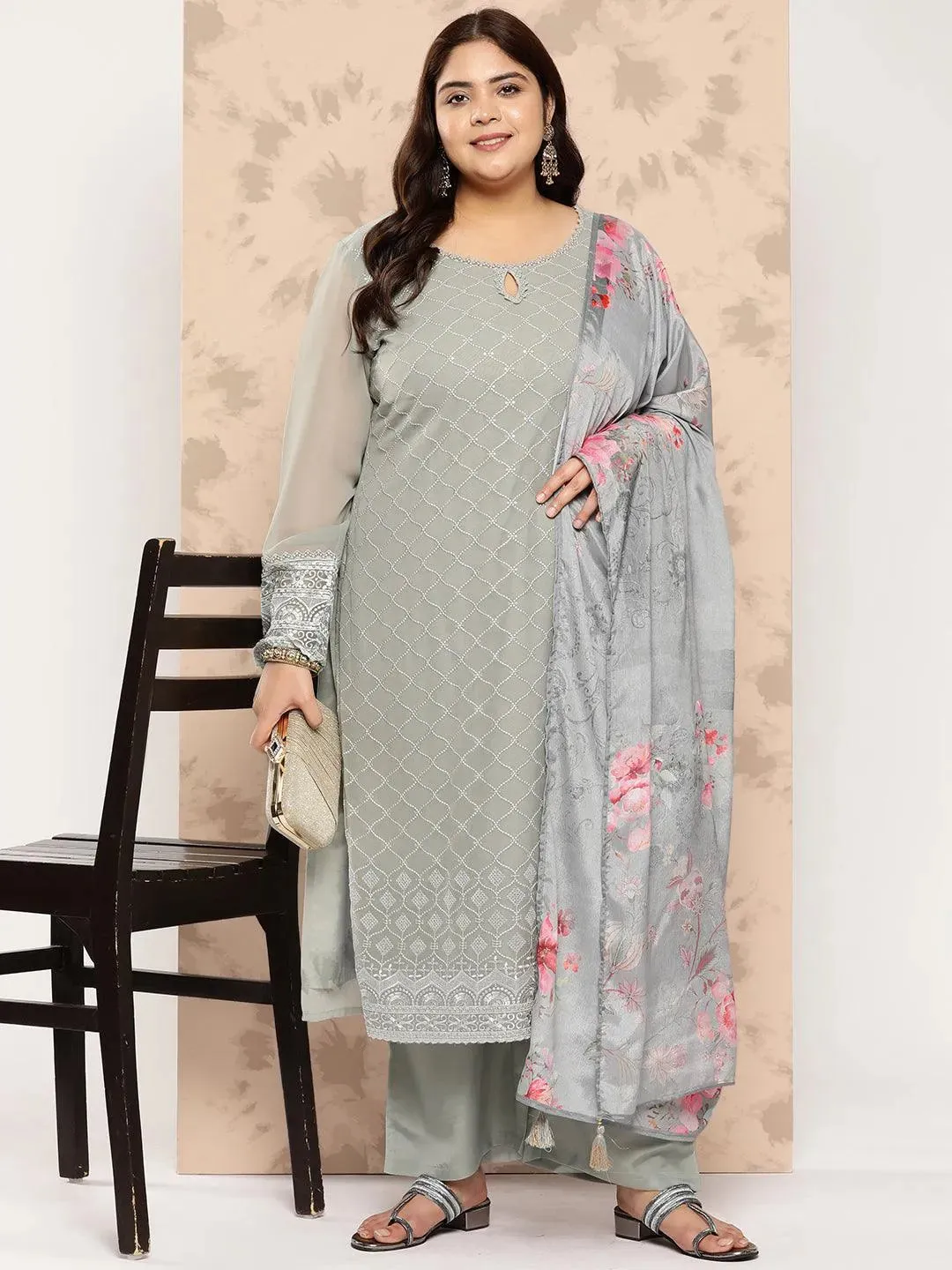 Grey Embroidered Georgette Straight Kurta With Trousers and Dupatta