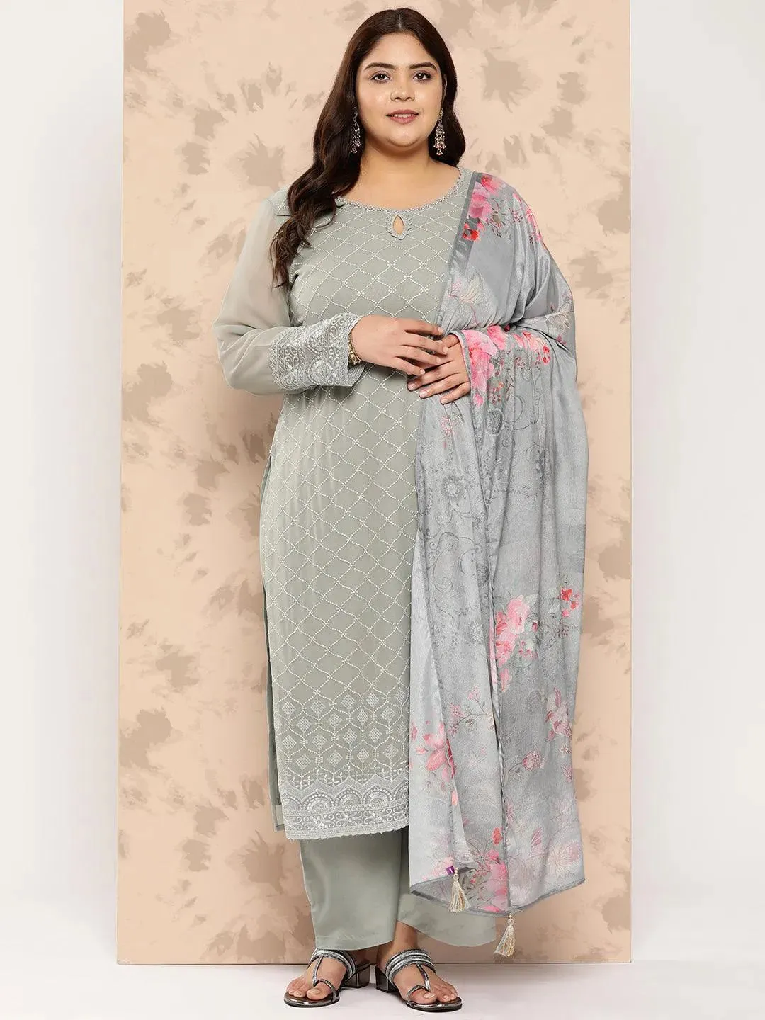 Grey Embroidered Georgette Straight Kurta With Trousers and Dupatta