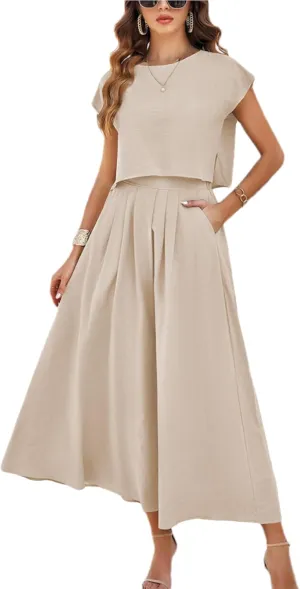 HangNiFang 2025 Summer Skirt Sets Women 2 Piece Outfits Cap Sleeve Top Elastic Waist Maxi Dress Sets with Pockets